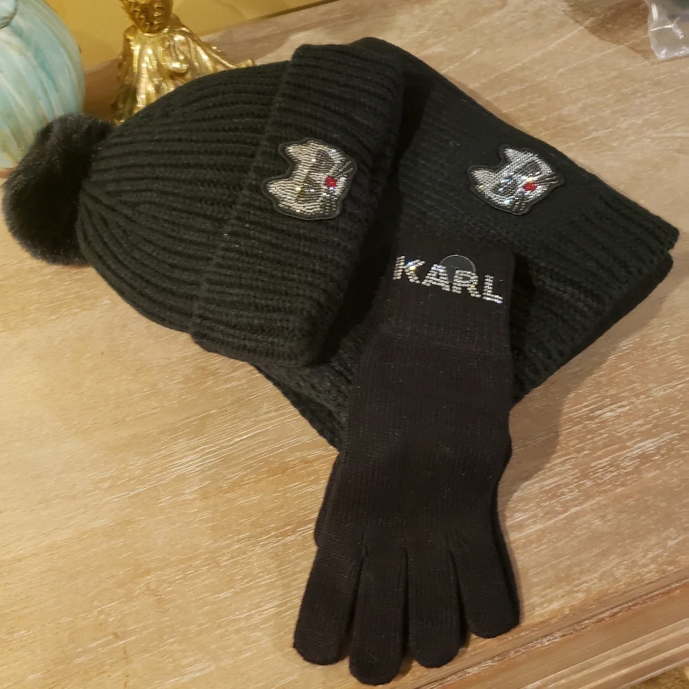 NEW! Karl Lagerfeld Black Knit Hat, Scarf & Gloves Set w/ Sequins - DISCO CAT